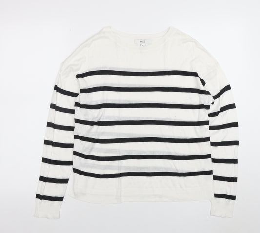 Marks and Spencer Women's White Striped Long Sleeve Cotton T-Shirt M