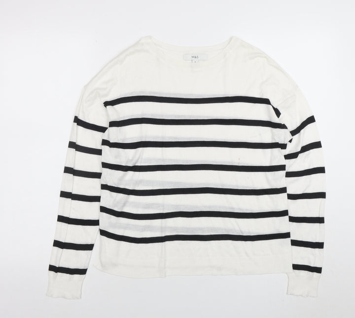 Marks and Spencer Women's White Striped Long Sleeve Cotton T-Shirt M