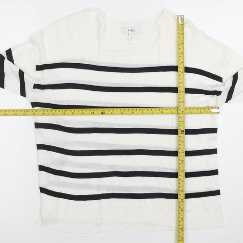 Marks and Spencer Women's White Striped Long Sleeve Cotton T-Shirt M