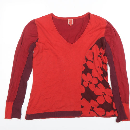 Miss Captain Womens Red Floral V-Neck Cotton Long Sleeve Top Size 12