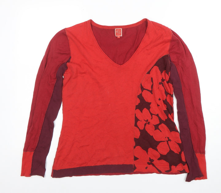 Miss Captain Womens Red Floral V-Neck Cotton Long Sleeve Top Size 12