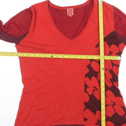 Miss Captain Womens Red Floral V-Neck Cotton Long Sleeve Top Size 12