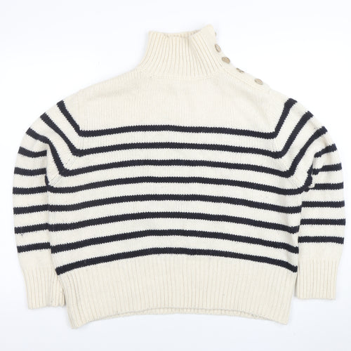 Zara Women Ivory Navy Striped High Neck Wool Knit Jumper Size 10