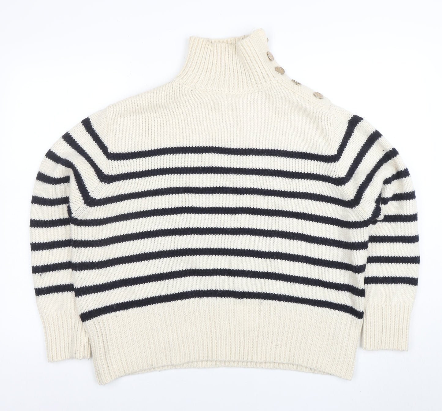 Zara Women Ivory Navy Striped High Neck Wool Knit Jumper Size 10
