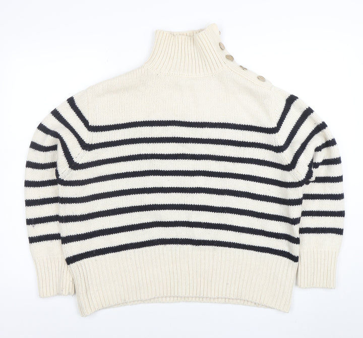 Zara Women Ivory Navy Striped High Neck Wool Knit Jumper Size 10