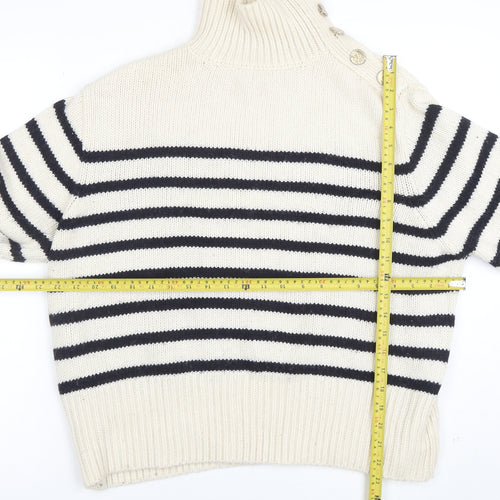 Zara Women Ivory Navy Striped High Neck Wool Knit Jumper Size 10