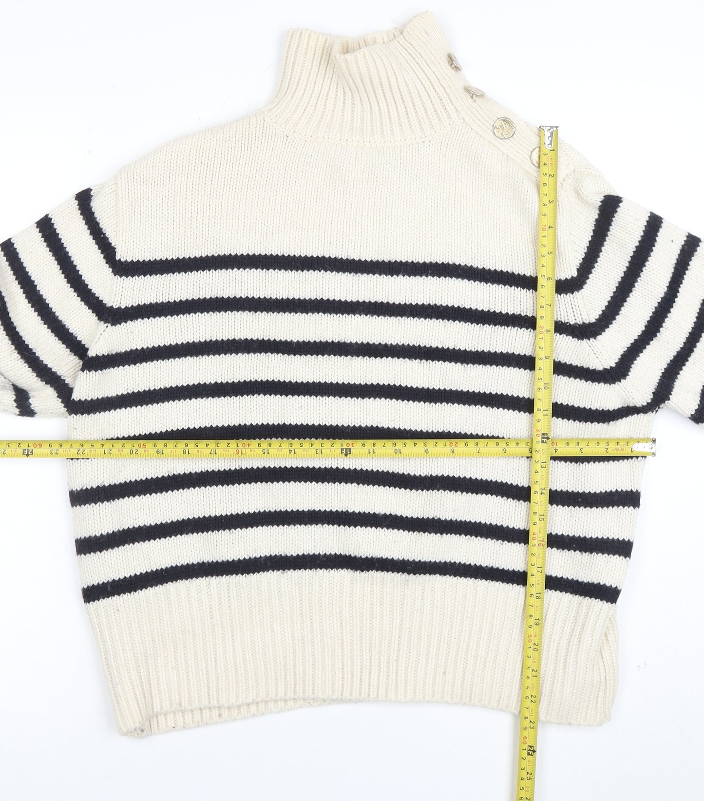 Zara Women Ivory Navy Striped High Neck Wool Knit Jumper Size 10
