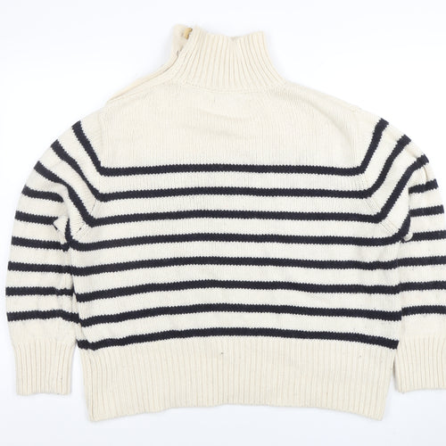 Zara Women Ivory Navy Striped High Neck Wool Knit Jumper Size 10