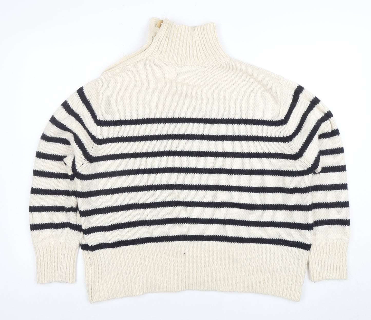 Zara Women Ivory Navy Striped High Neck Wool Knit Jumper Size 10
