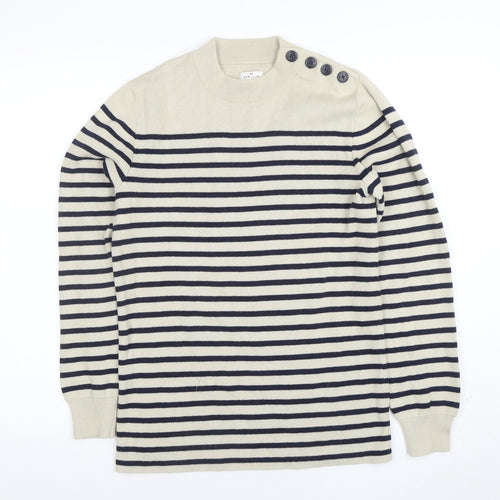 Cyrillus Women Beige Striped Crew Neck Button Shoulder Jumper Size S