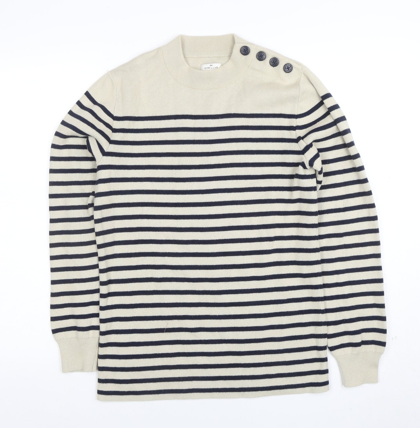 Cyrillus Women Beige Striped Crew Neck Button Shoulder Jumper Size S