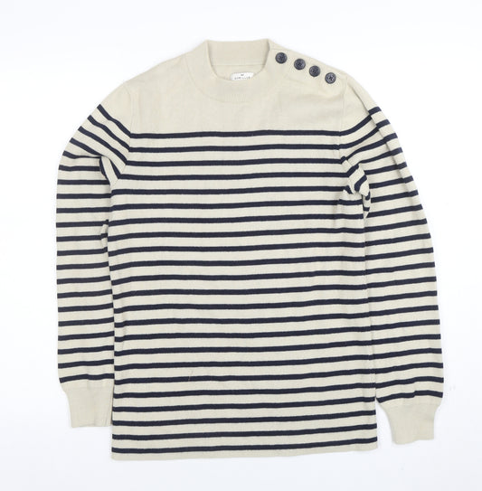 Cyrillus Women Beige Striped Crew Neck Button Shoulder Jumper Size S
