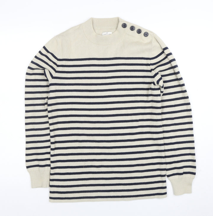 Cyrillus Women Beige Striped Crew Neck Button Shoulder Jumper Size S