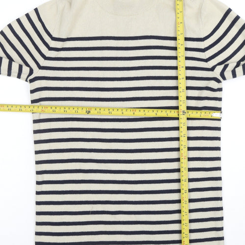 Cyrillus Women Beige Striped Crew Neck Button Shoulder Jumper Size S