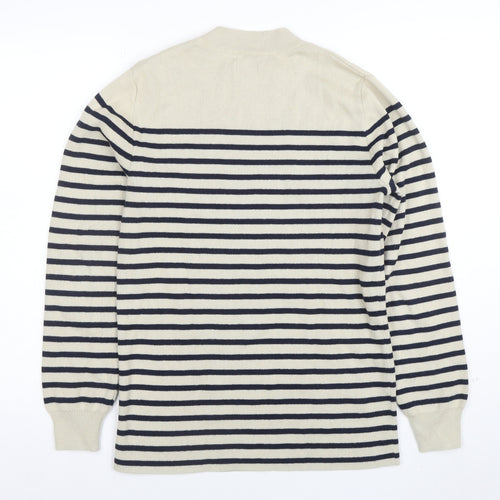 Cyrillus Women Beige Striped Crew Neck Button Shoulder Jumper Size S