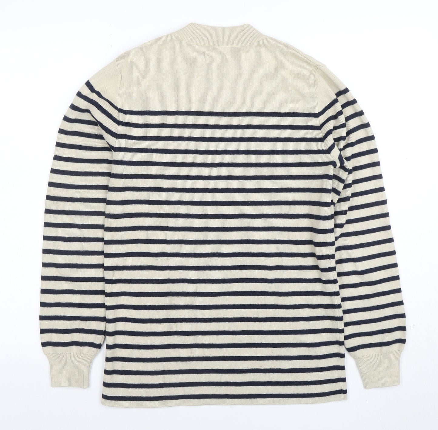 Cyrillus Women Beige Striped Crew Neck Button Shoulder Jumper Size S