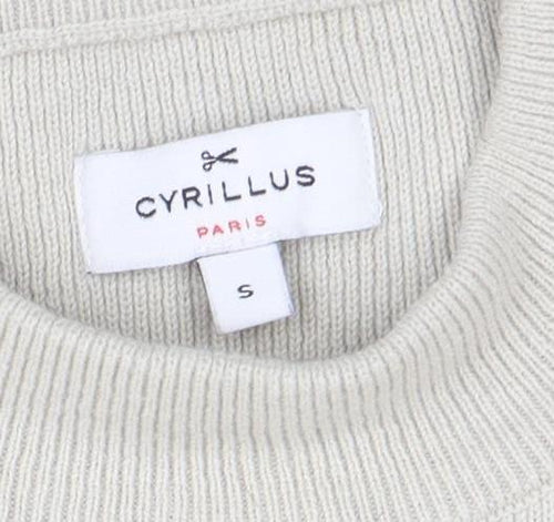 Cyrillus Women Beige Striped Crew Neck Button Shoulder Jumper Size S