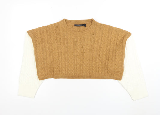 Brave Soul Women Camel & Cream Cable-Knit Cropped Jumper Size S