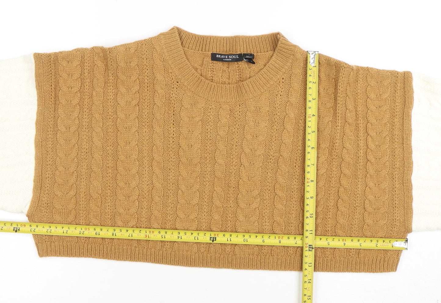 Brave Soul Women Camel & Cream Cable-Knit Cropped Jumper Size S