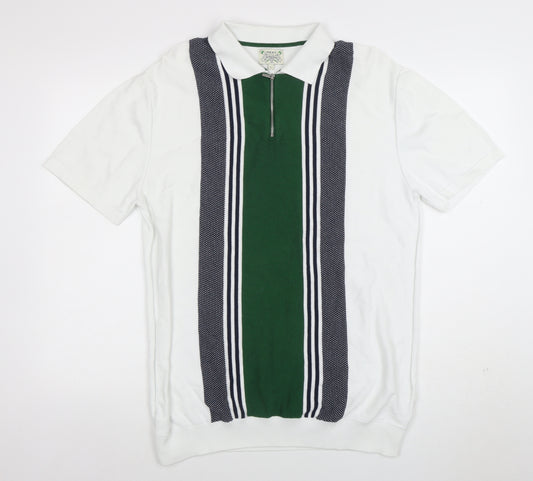 Next Men's White Green Striped 1/4 Zip Cotton Polo Shirt L