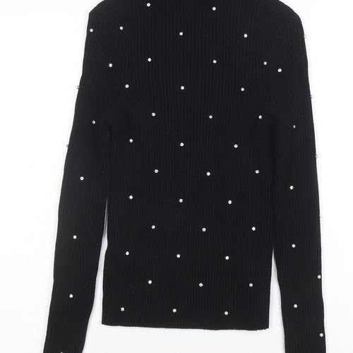 ZARA Women Black Beaded Roll Neck Ribbed Knit Jumper Size M