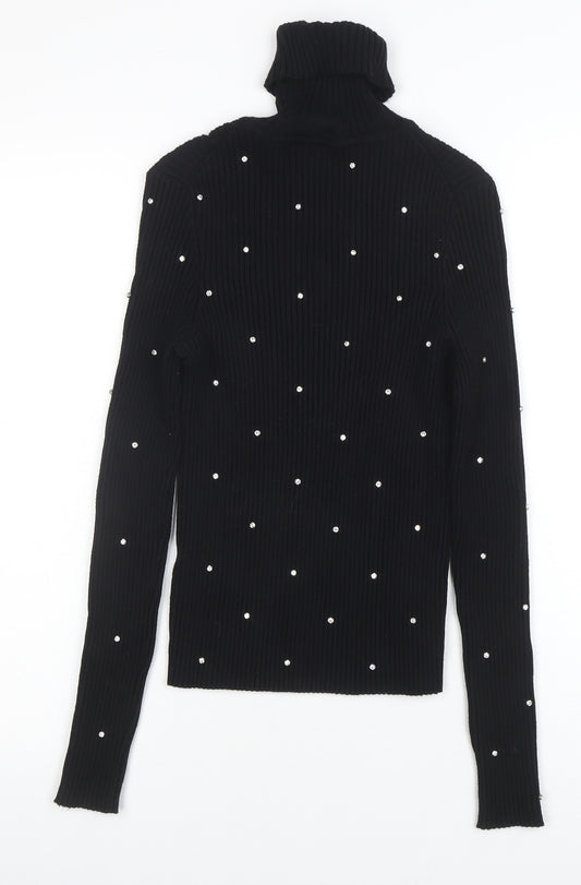 ZARA Women Black Beaded Roll Neck Ribbed Knit Jumper Size M