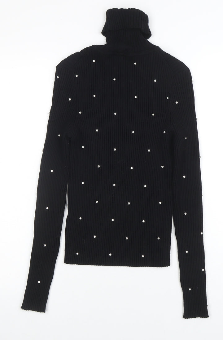 ZARA Women Black Beaded Roll Neck Ribbed Knit Jumper Size M