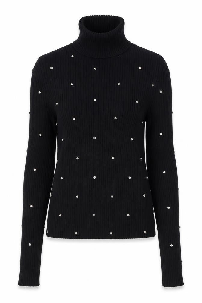 ZARA Women Black Beaded Roll Neck Ribbed Knit Jumper Size M
