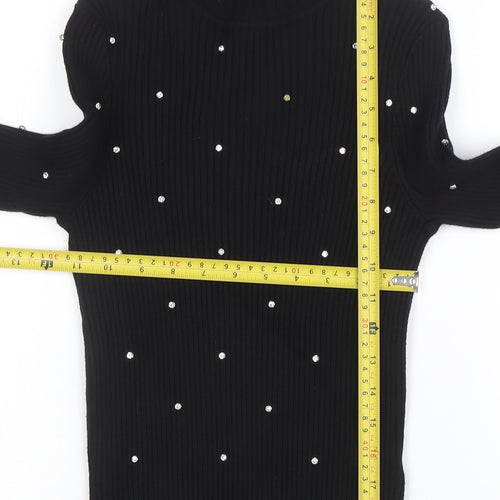 ZARA Women Black Beaded Roll Neck Ribbed Knit Jumper Size M