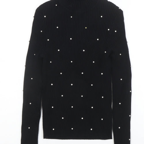 ZARA Women Black Beaded Roll Neck Ribbed Knit Jumper Size M