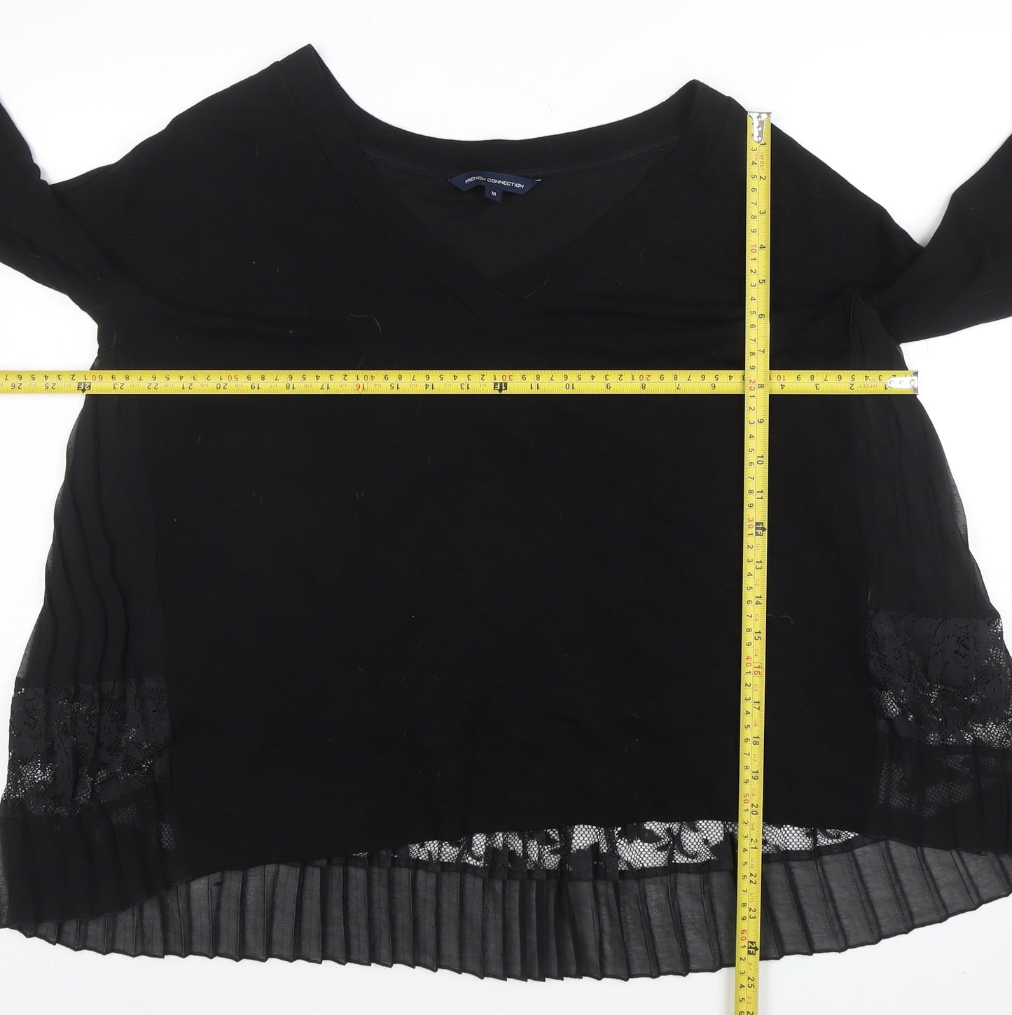 French Connection Women’s Black Pleated Lace Tunic Blouse Size M