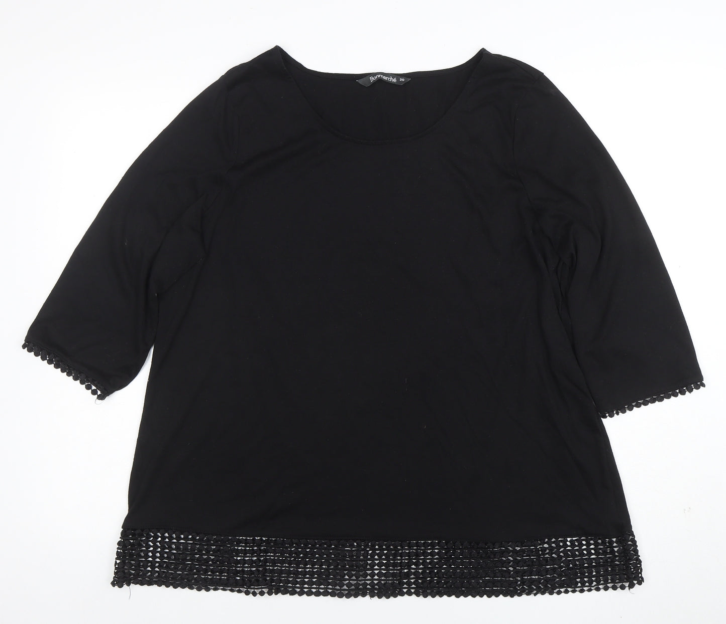 Bonmarché Women's Black 3/4 Sleeve Crochet Hem Blouse Size 20