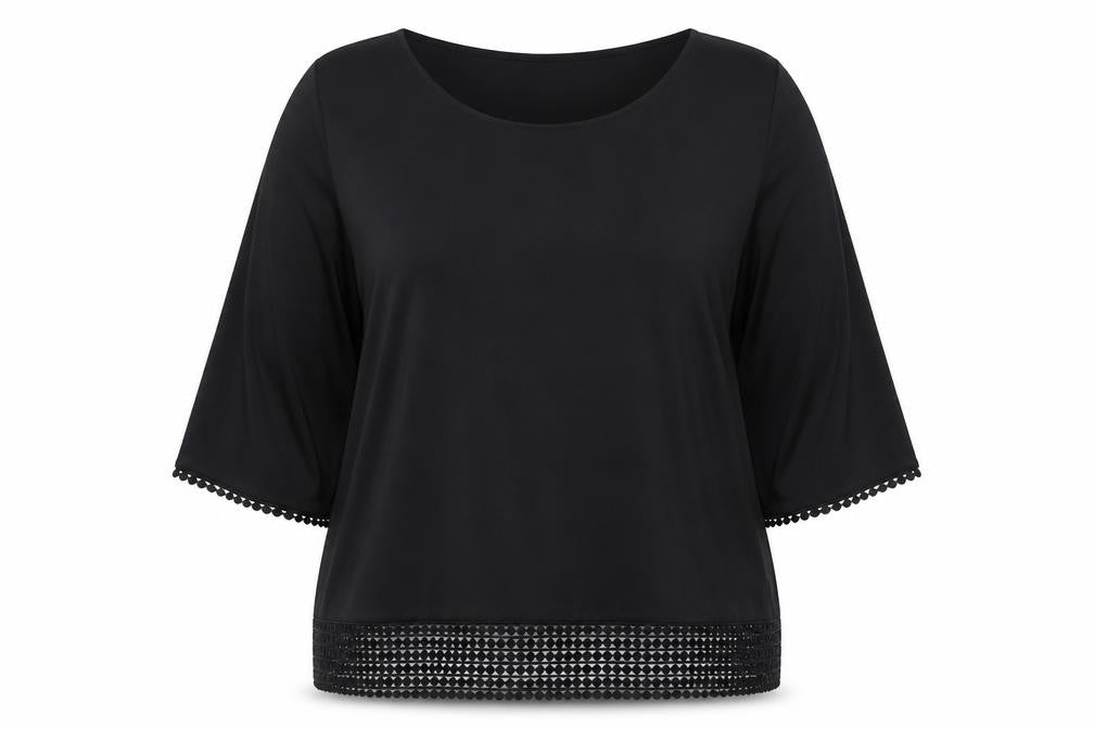 Bonmarché Women's Black 3/4 Sleeve Crochet Hem Blouse Size 20