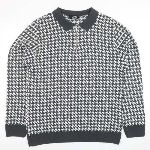 BoohooMAN Men's Black Houndstooth Long Sleeve Zip Polo L