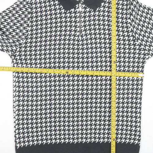 BoohooMAN Men's Black Houndstooth Long Sleeve Zip Polo L
