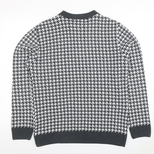 BoohooMAN Men's Black Houndstooth Long Sleeve Zip Polo L