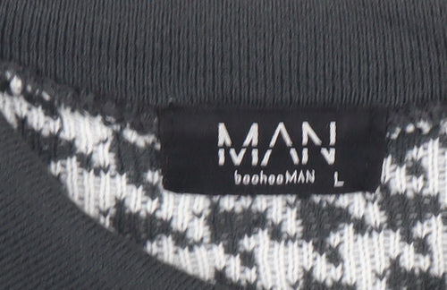 BoohooMAN Men's Black Houndstooth Long Sleeve Zip Polo L