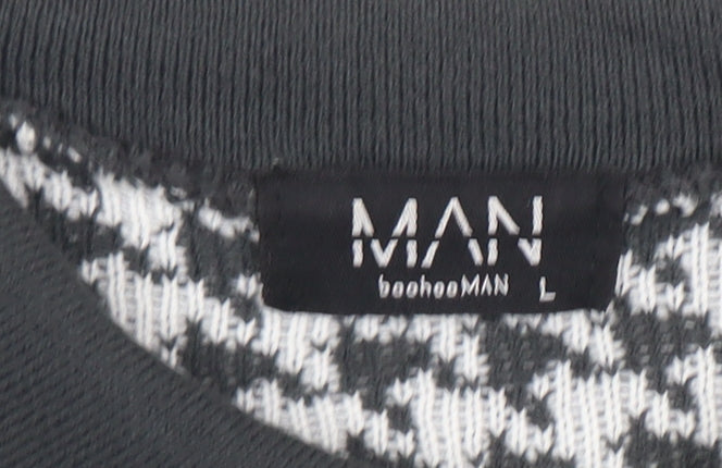 BoohooMAN Men's Black Houndstooth Long Sleeve Zip Polo L