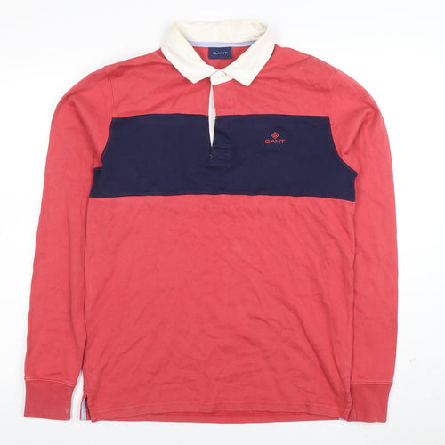 Gant Men's Red & Navy Long Sleeve Cotton Polo Shirt Size S