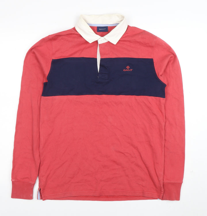 Gant Men's Red & Navy Long Sleeve Cotton Polo Shirt Size S