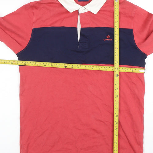 Gant Men's Red & Navy Long Sleeve Cotton Polo Shirt Size S