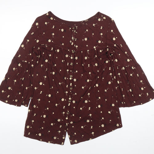 F&F Women’s Brown Floral Button Blouse UK 8 Tunic Style 3/4 Bell Sleeve