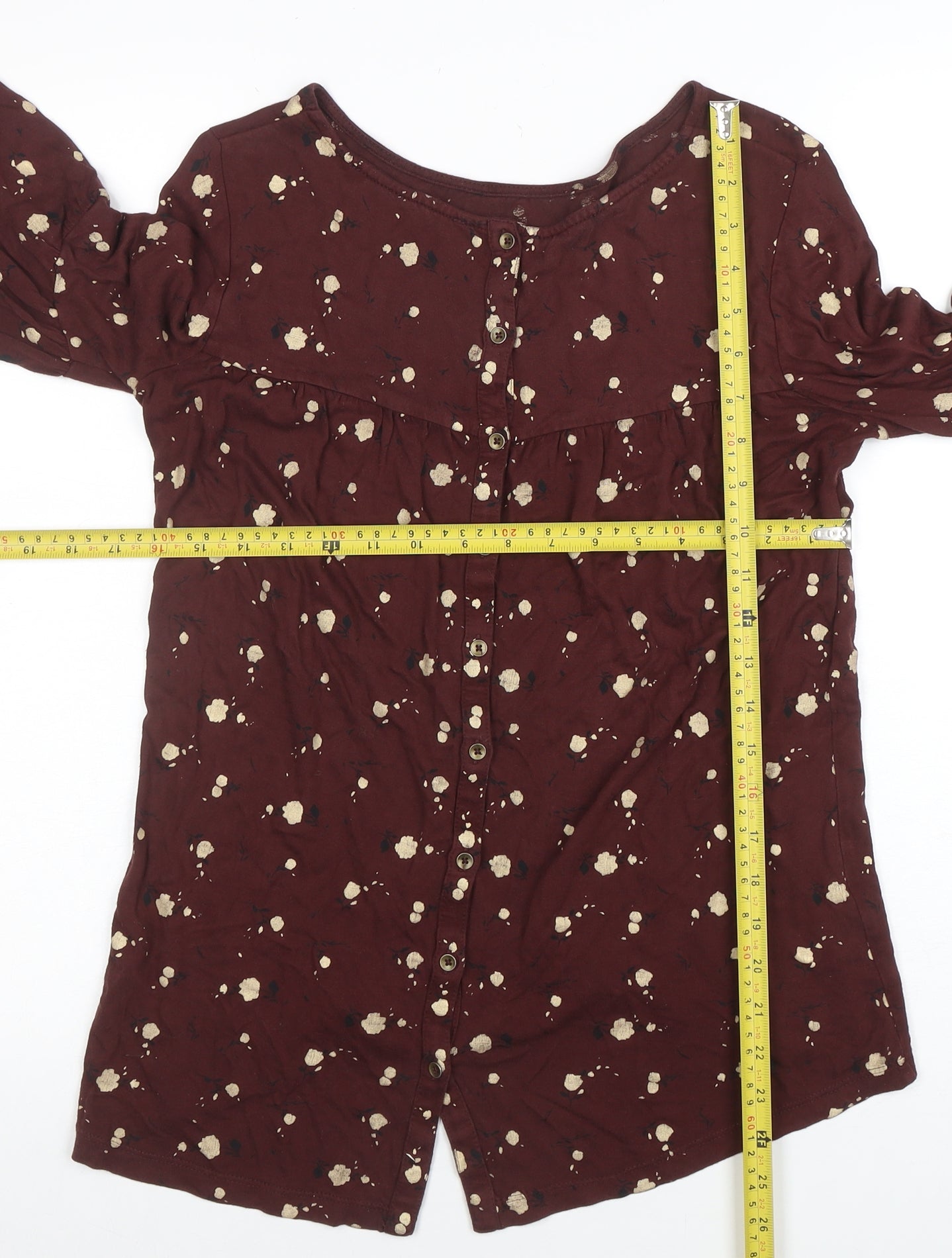 F&F Women’s Brown Floral Button Blouse UK 8 Tunic Style 3/4 Bell Sleeve