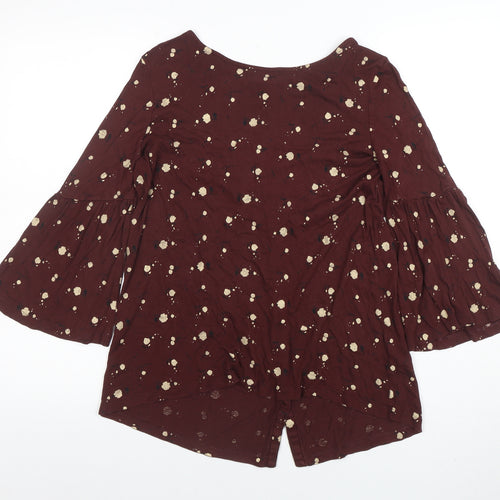 F&F Women’s Brown Floral Button Blouse UK 8 Tunic Style 3/4 Bell Sleeve