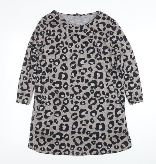 Roman Women’s Grey Leopard Print Long Sleeve Tunic Blouse Size 10