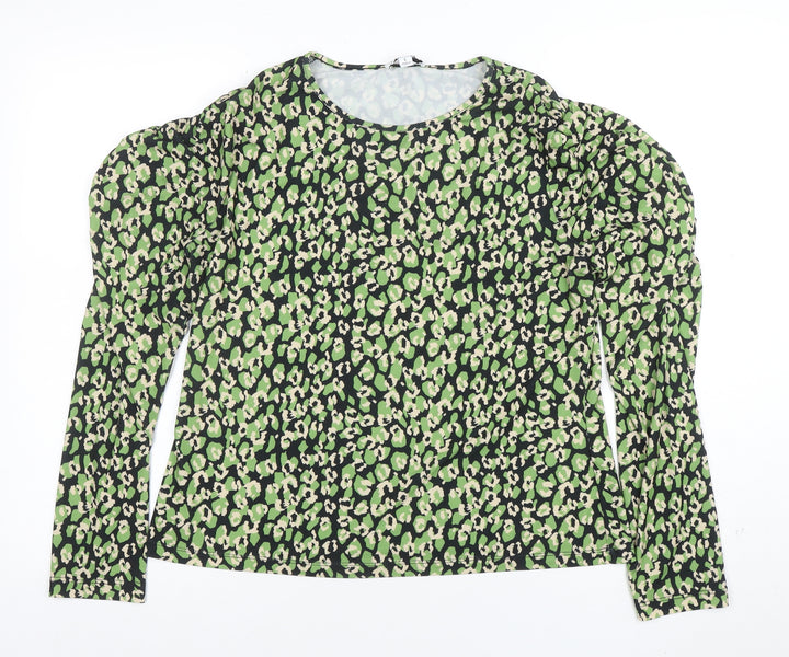 Warehouse Women's Green Animal Print Long Sleeve Tunic Blouse Size L