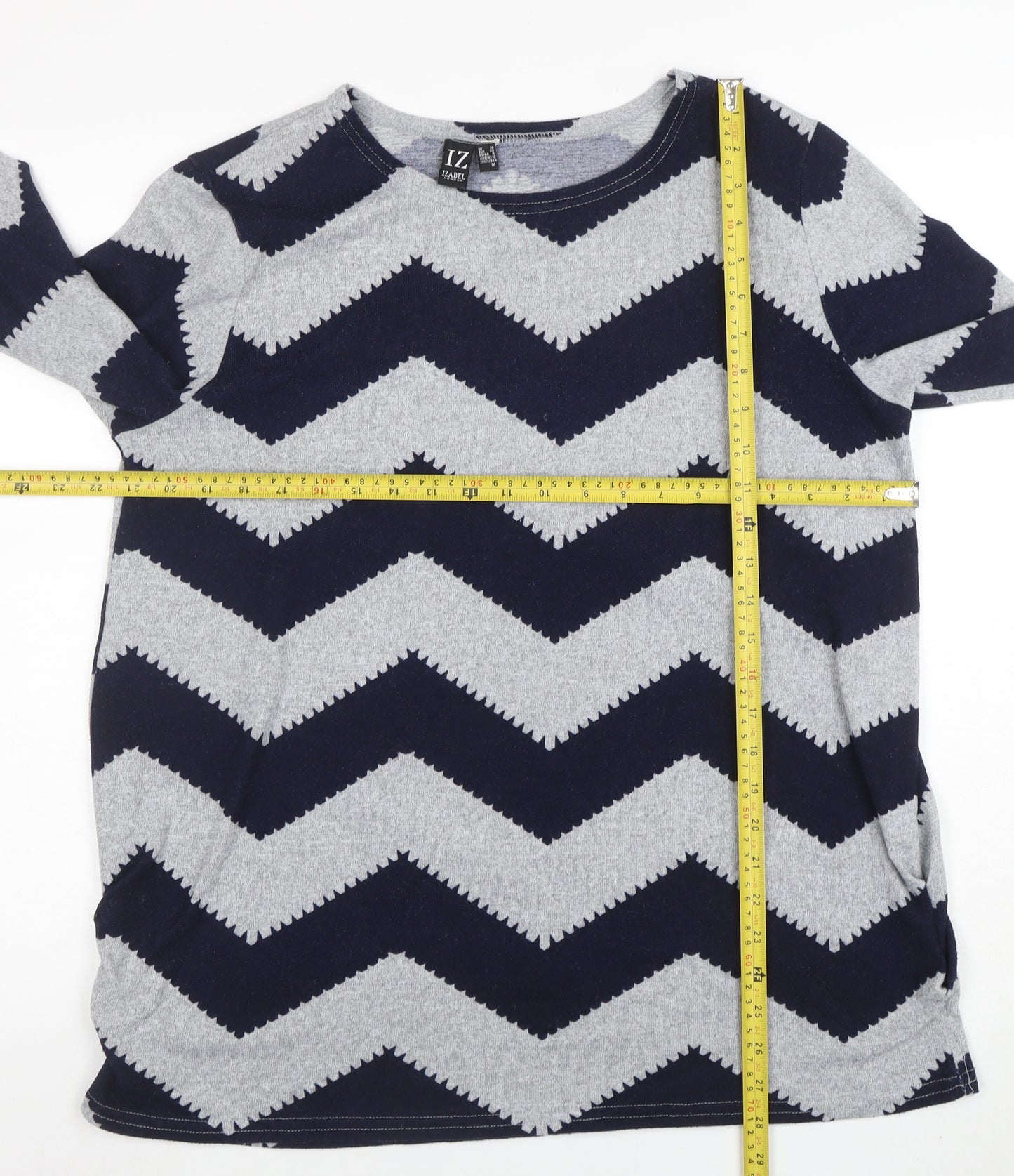 Izabel London Women's Blue Grey Chevron Knit Long Sleeve Top Size 10