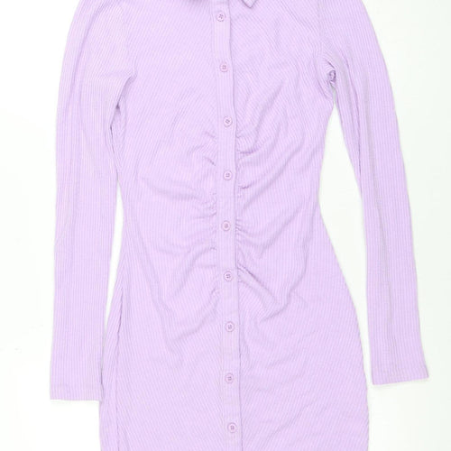 PrettyLittleThing Womens Purple Collared Button Long Sleeve Shirt Dress Size 8