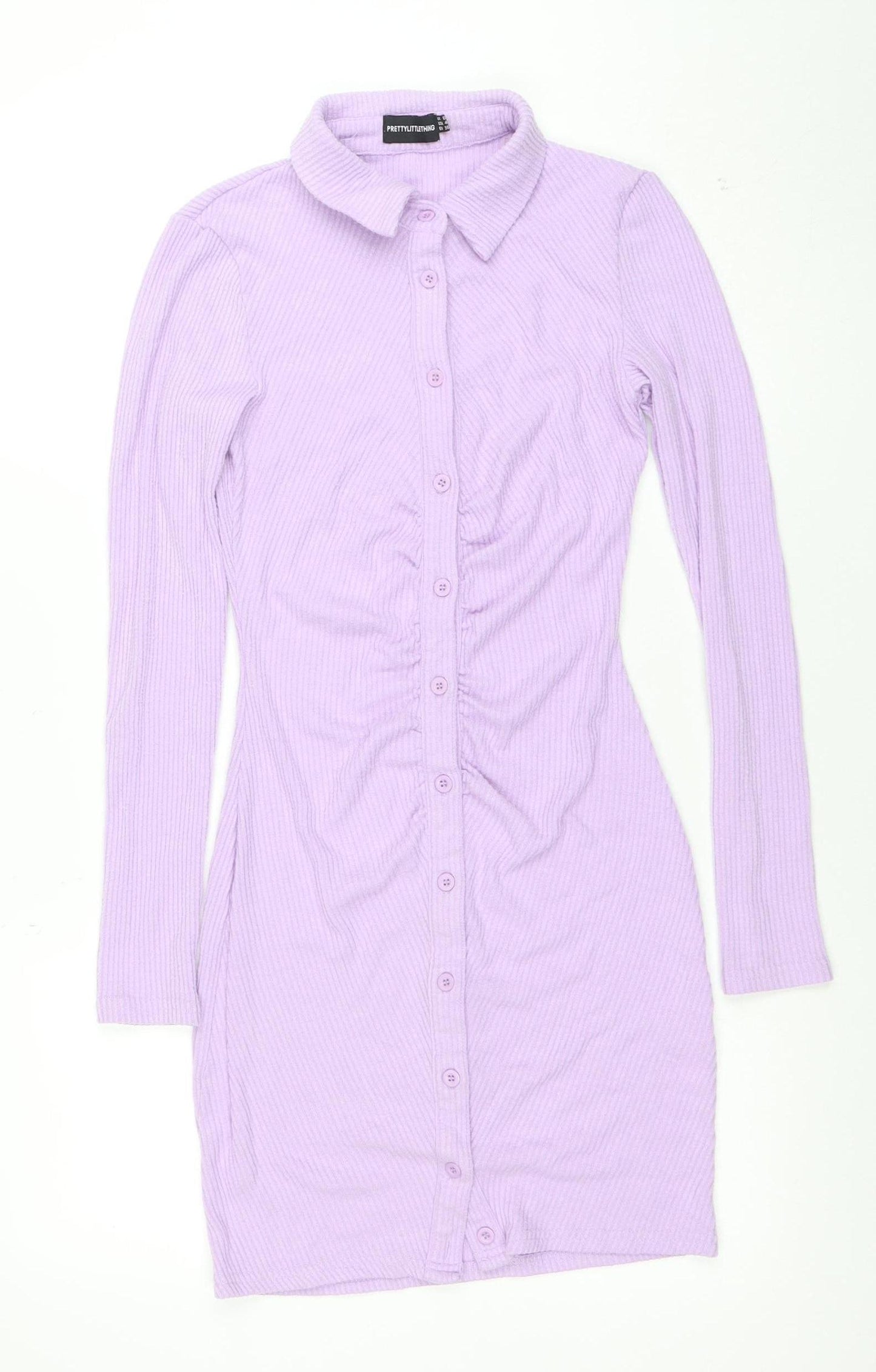 PrettyLittleThing Womens Purple Collared Button Long Sleeve Shirt Dress Size 8