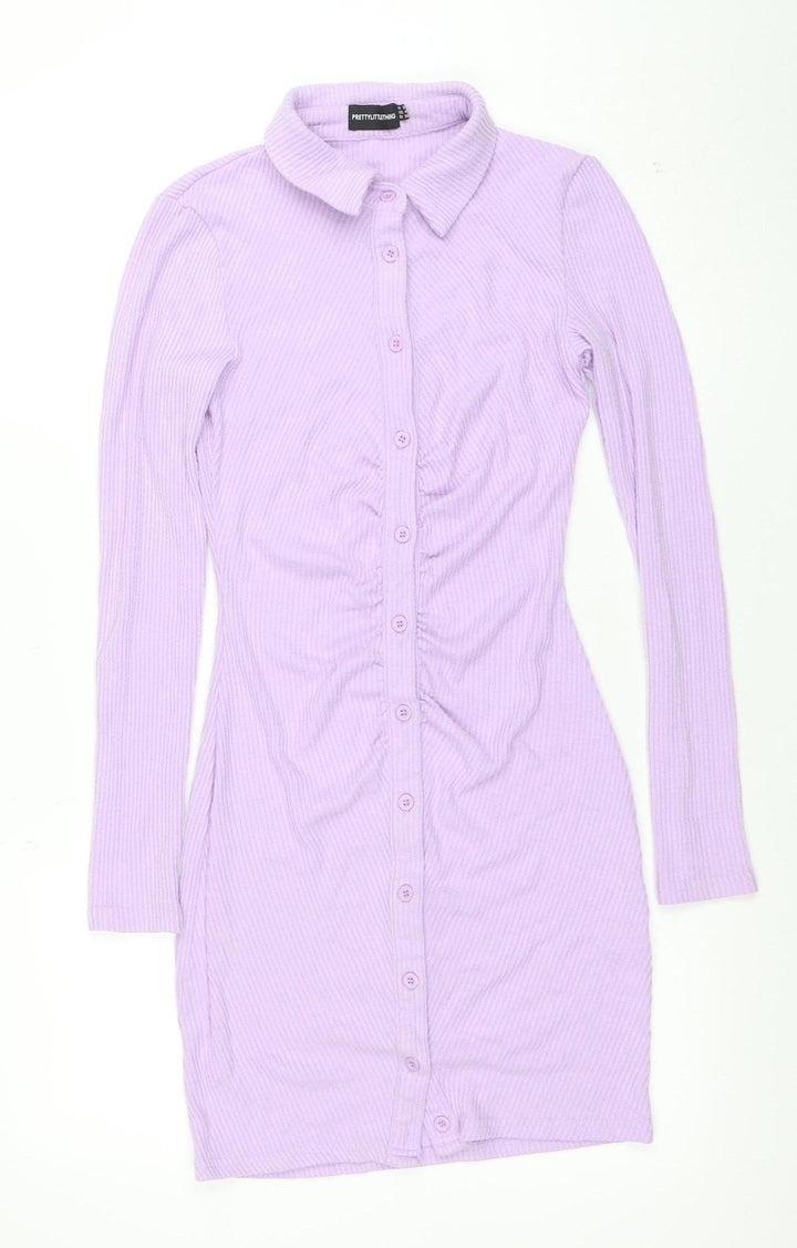 PrettyLittleThing Womens Purple Collared Button Long Sleeve Shirt Dress Size 8